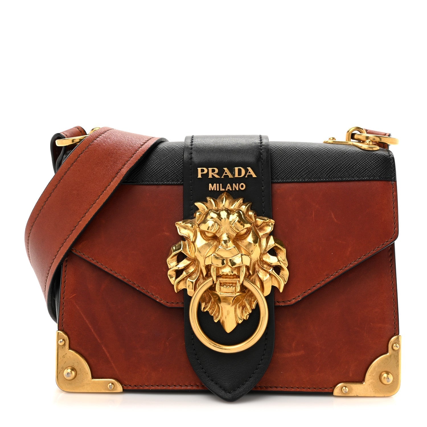 Antic Soft Saffiano Lions Head Cahier Shoulder Bag Cotto Black