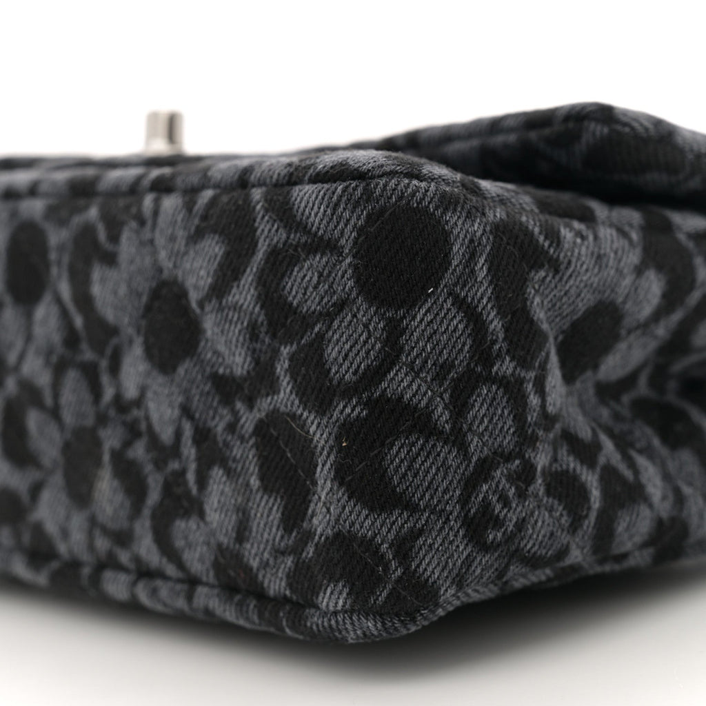 Printed Denim Quilted Flower Mini Rectangular Flap Black