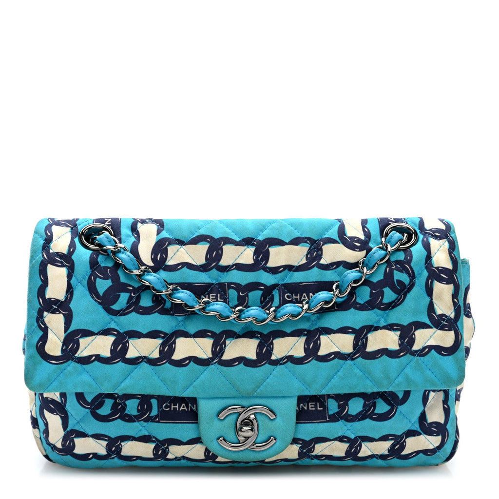 Silk Chain Printed Medium Single Flap Blue