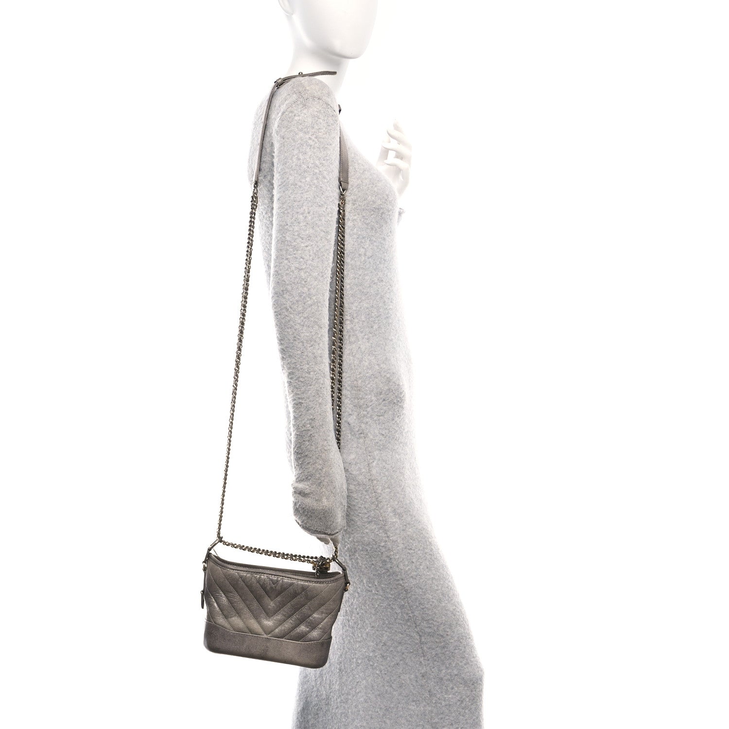 Metallic Caviar Chevron Quilted Small Gabrielle Hobo Light Silver Gold