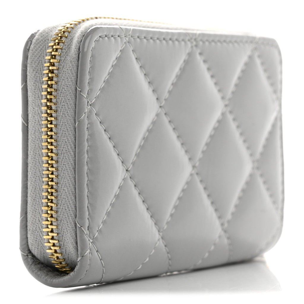Shiny Lambskin Quilted Textured CC Zip Coin Purse Gris