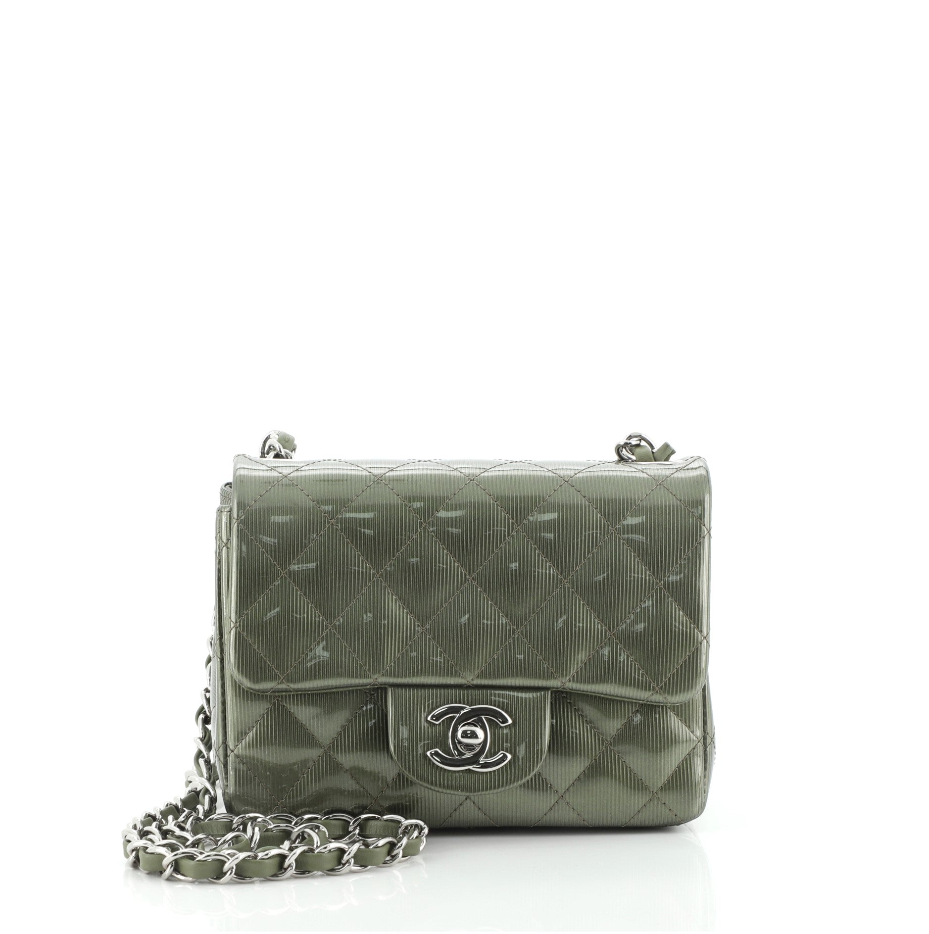 Square Classic Single Flap Bag Quilted Striated Metallic Patent Mini