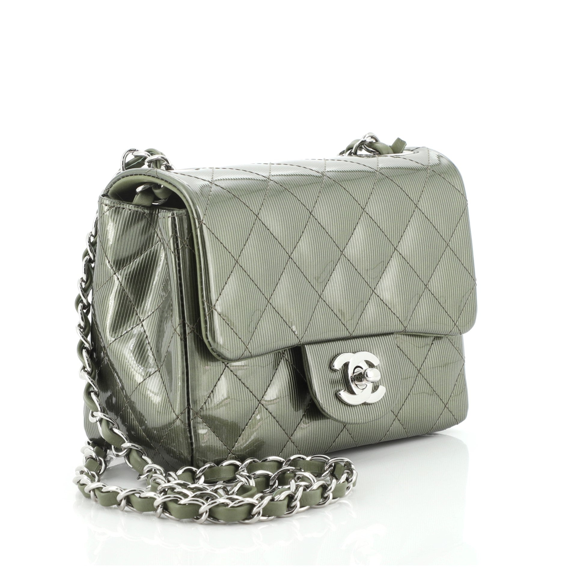 Square Classic Single Flap Bag Quilted Striated Metallic Patent Mini