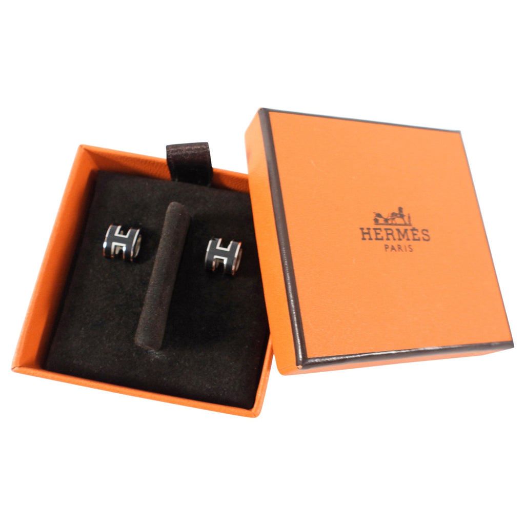 Hermes Mini Pop H Earrings Black and Silvertone
