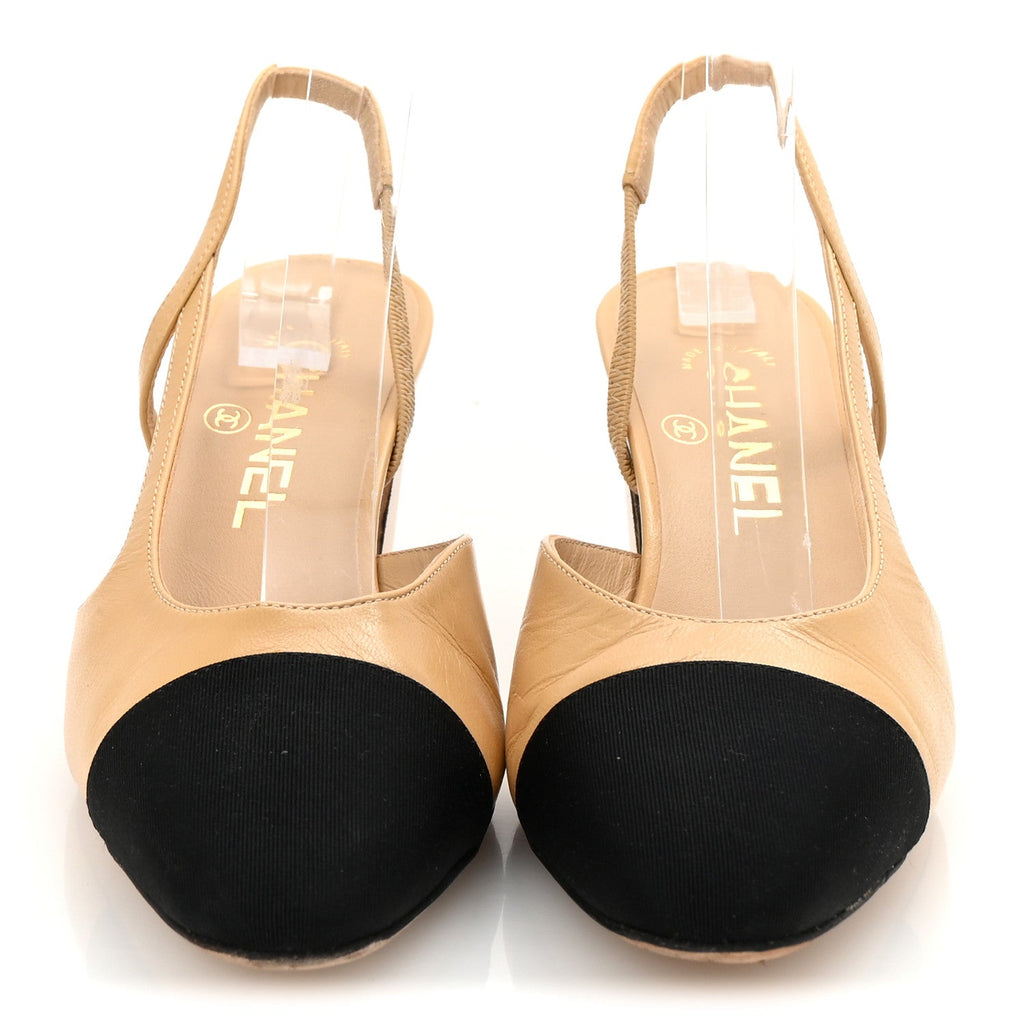 Goatskin Grosgrain Cap Toe CC Slingback Pumps 37 Beige Black