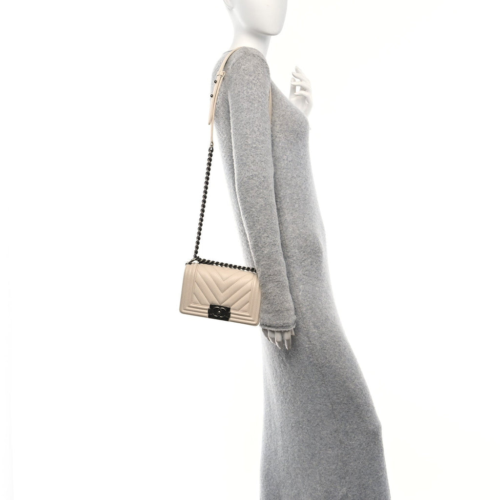 Caviar Chevron Quilted Small Boy Flap White