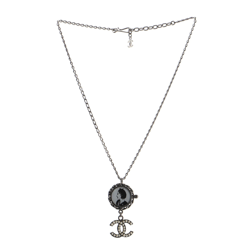 CC Portrait Pendant Necklace Metal with Faux Pearls