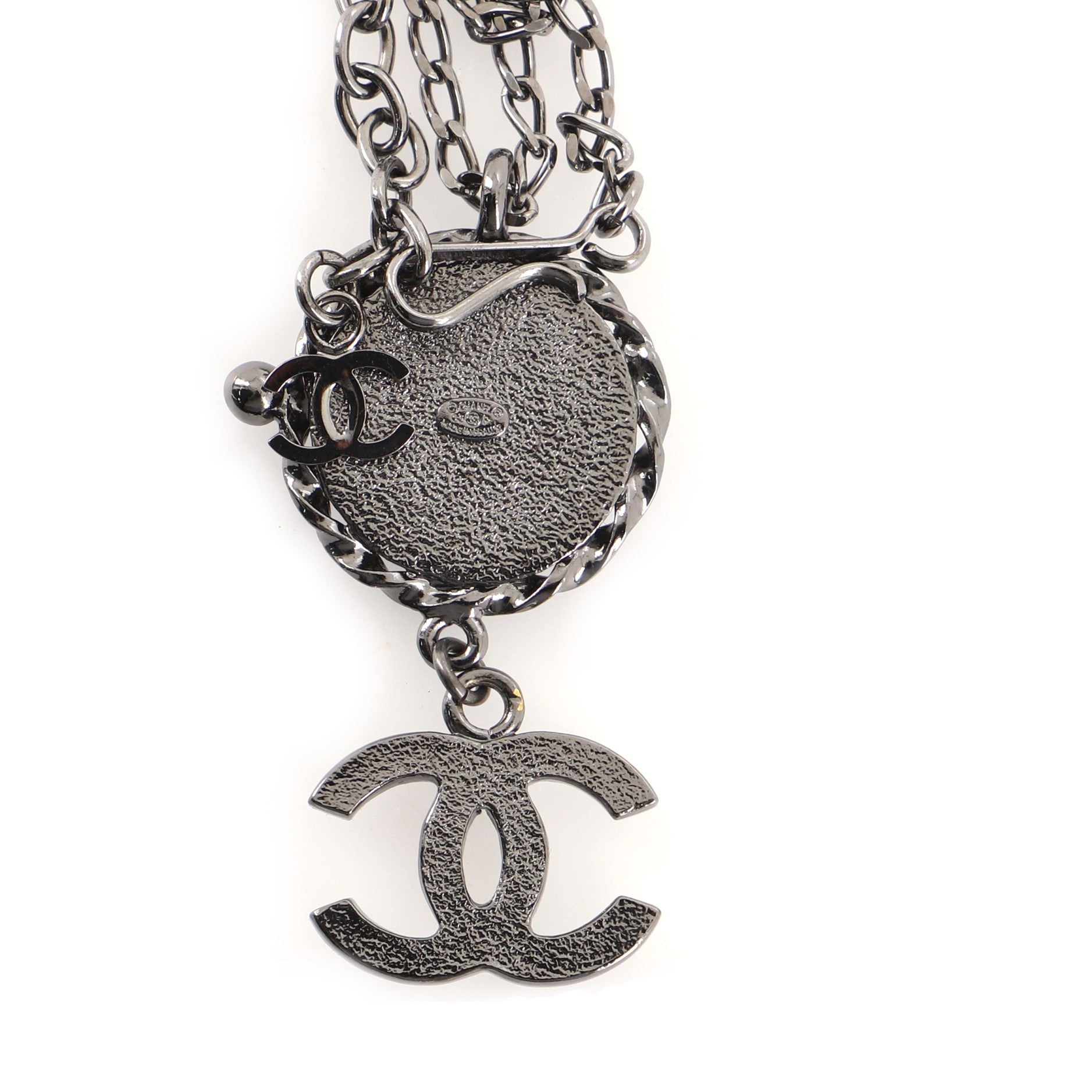 CC Portrait Pendant Necklace Metal with Faux Pearls