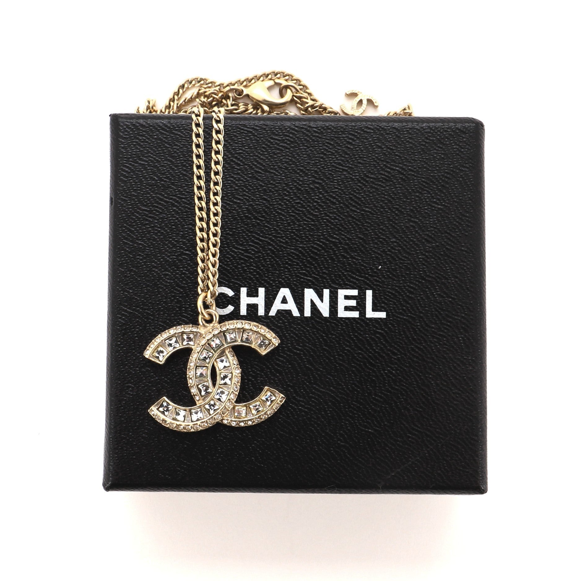 CC Long Pendant Necklace Crystal Embellished Metal