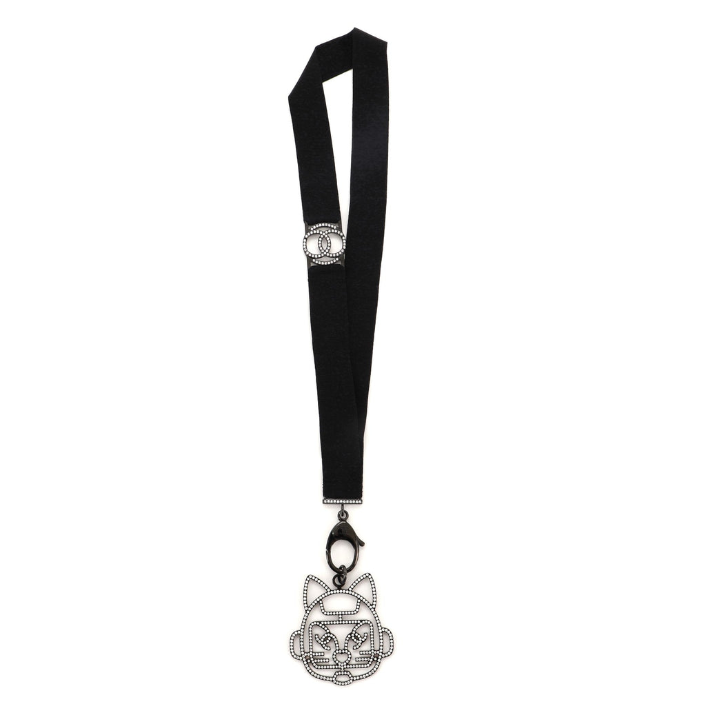 Cat Robot Lanyard Necklace Grosgrain with Crystal Embellished Metal