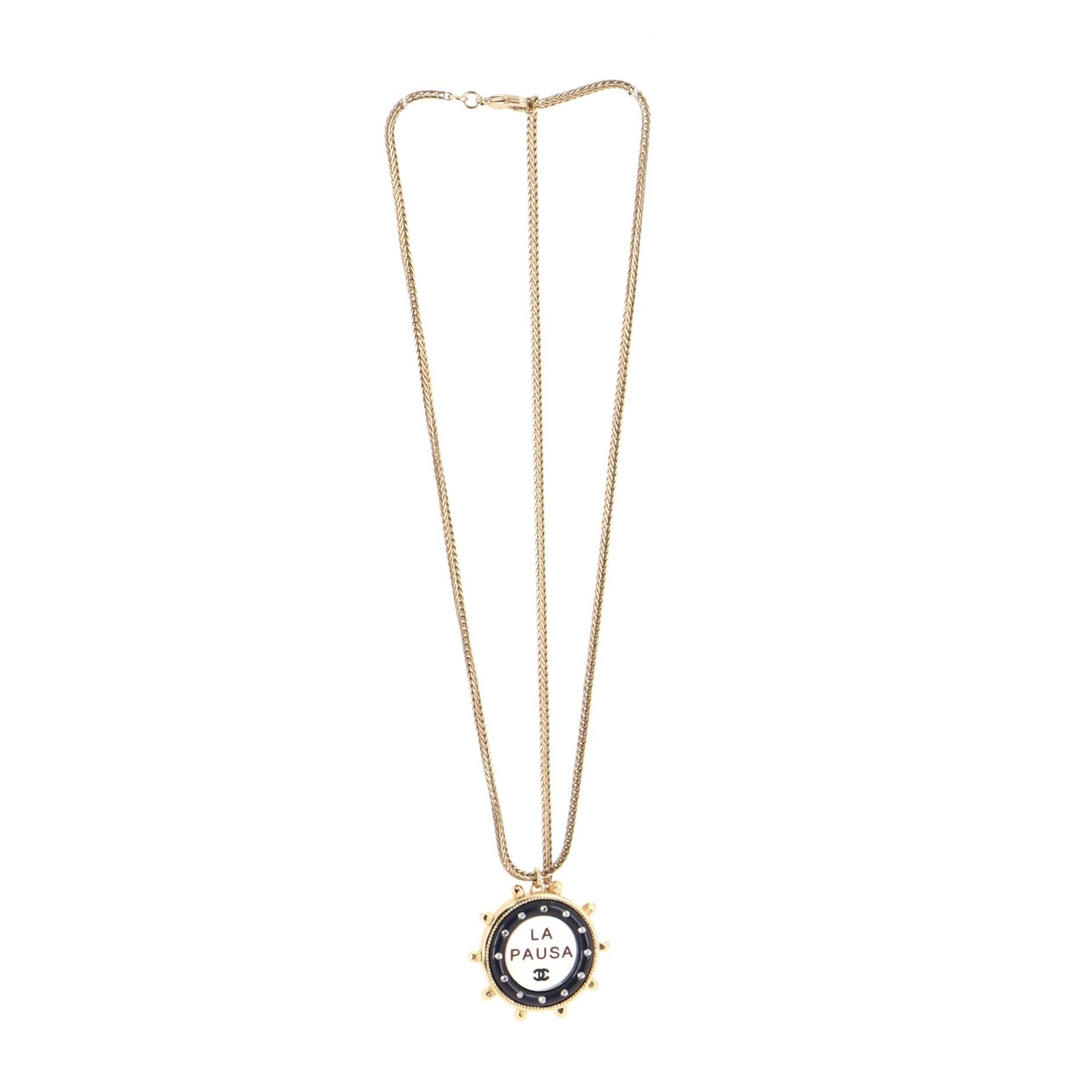 La Pausa Wheel Pendant Long Necklace Metal with Resin and Crystals