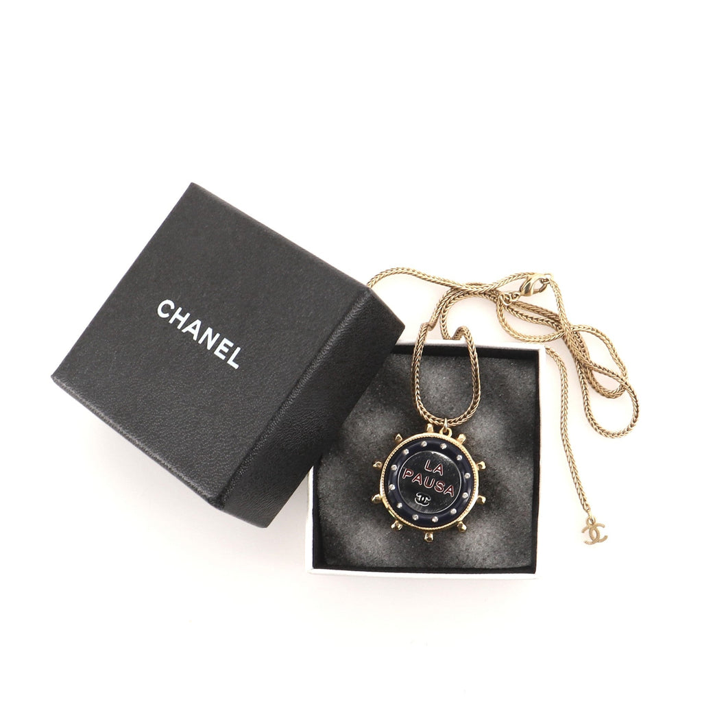 La Pausa Wheel Pendant Long Necklace Metal with Resin and Crystals