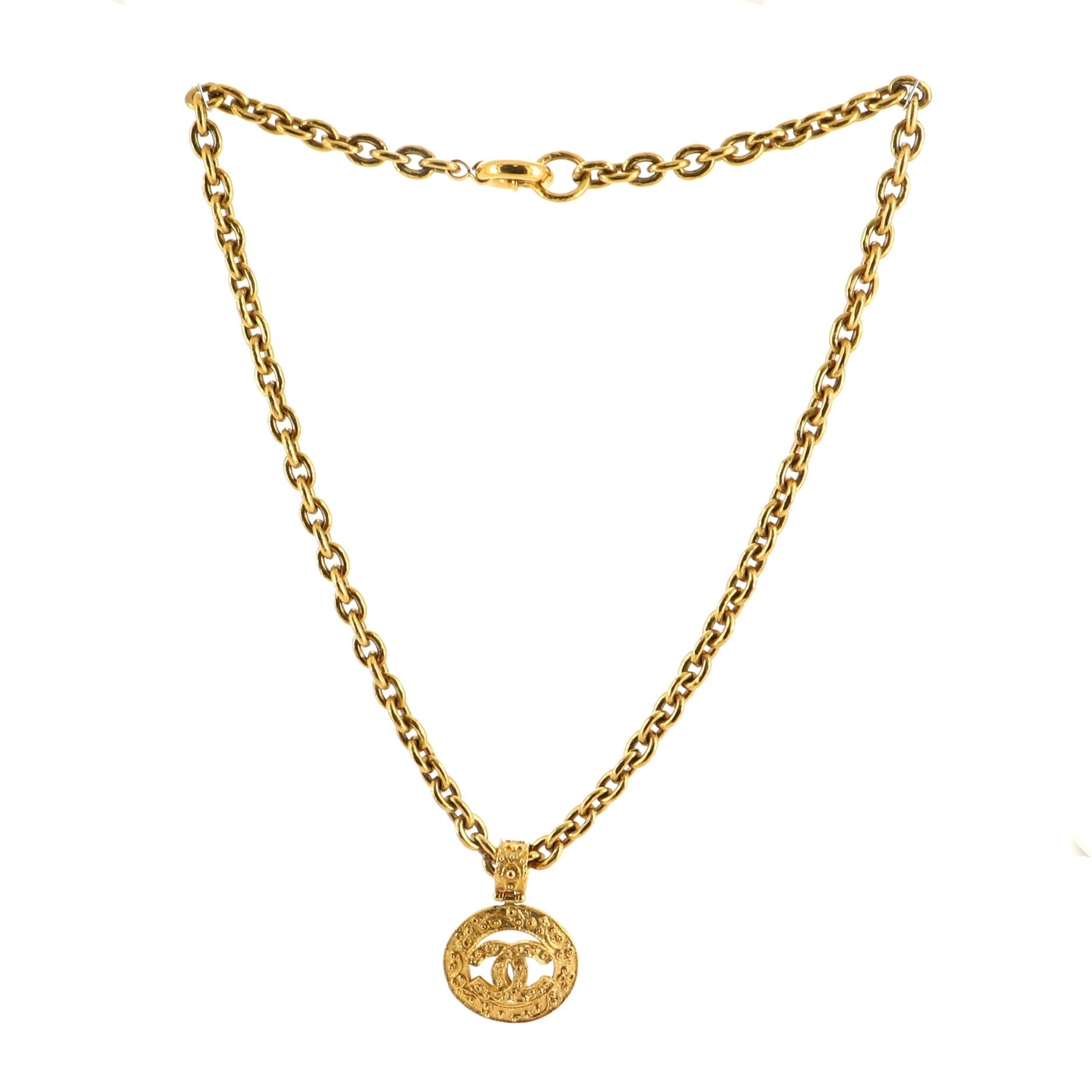 Vintage CC Round Pendant Long Necklace Metal
