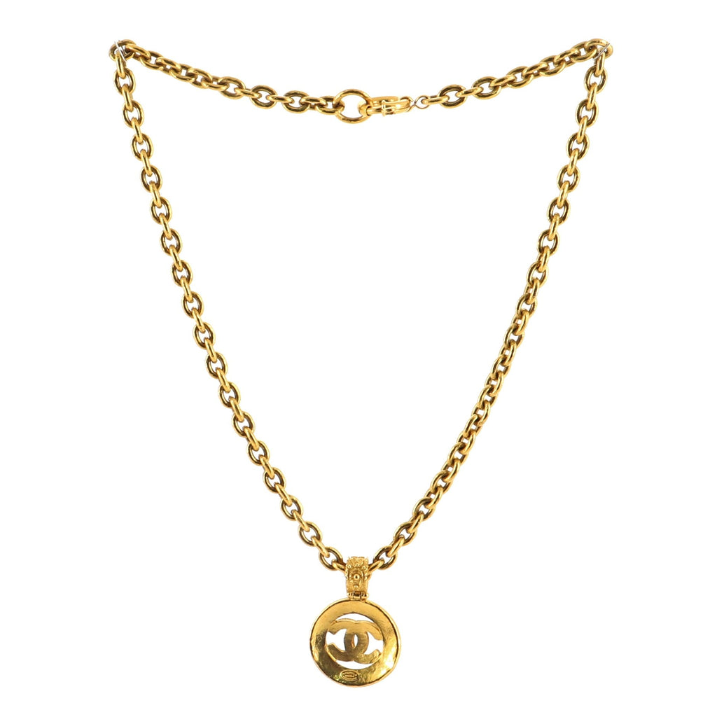 Vintage CC Round Pendant Long Necklace Metal