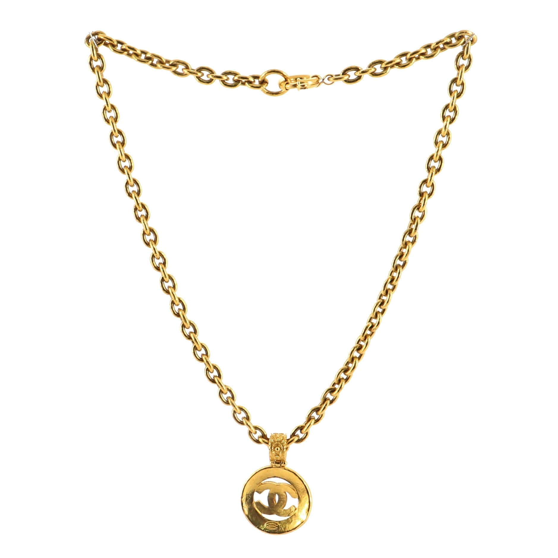 Vintage CC Round Pendant Long Necklace Metal