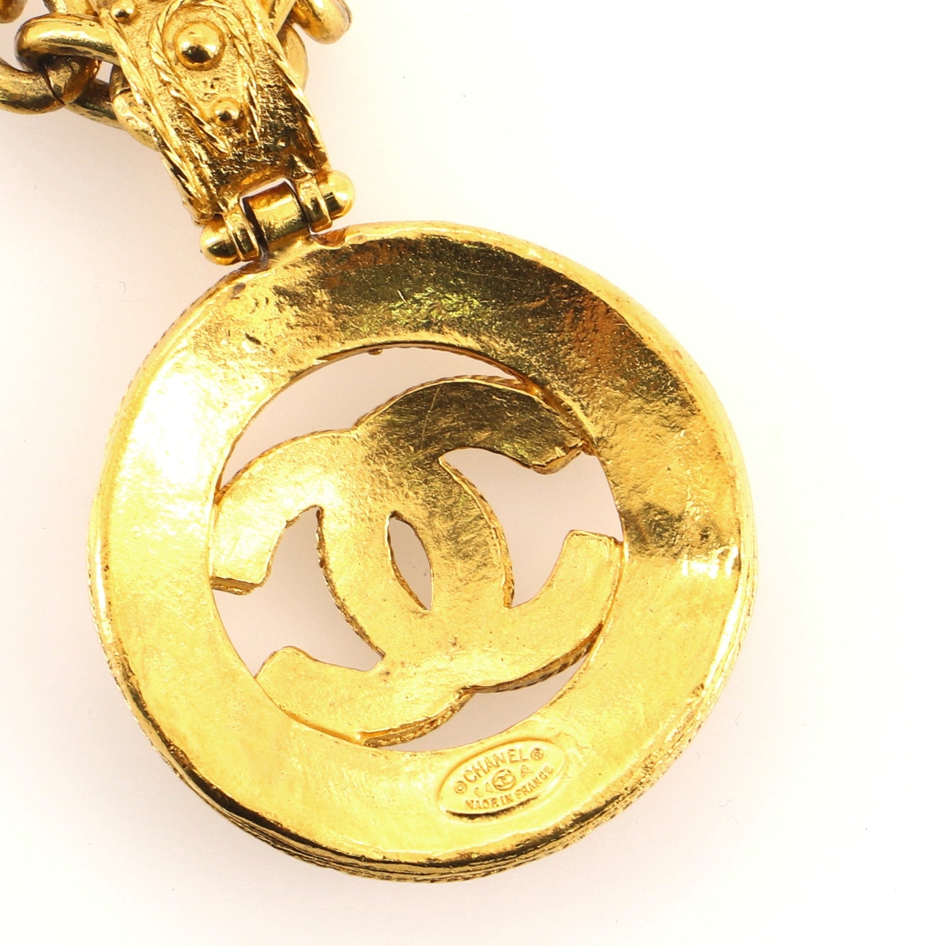 Vintage CC Round Pendant Long Necklace Metal