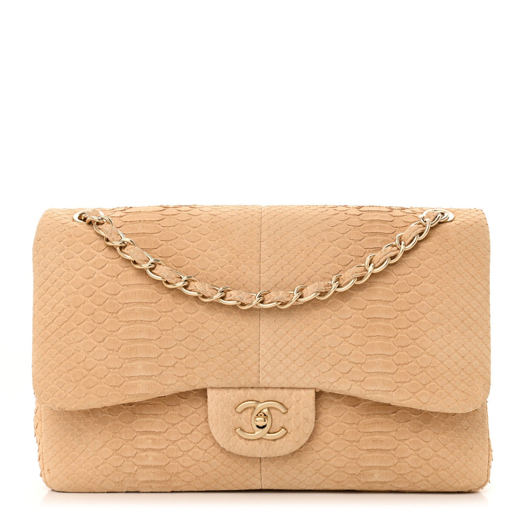 Snakeskin Jumbo Double Flap Beige