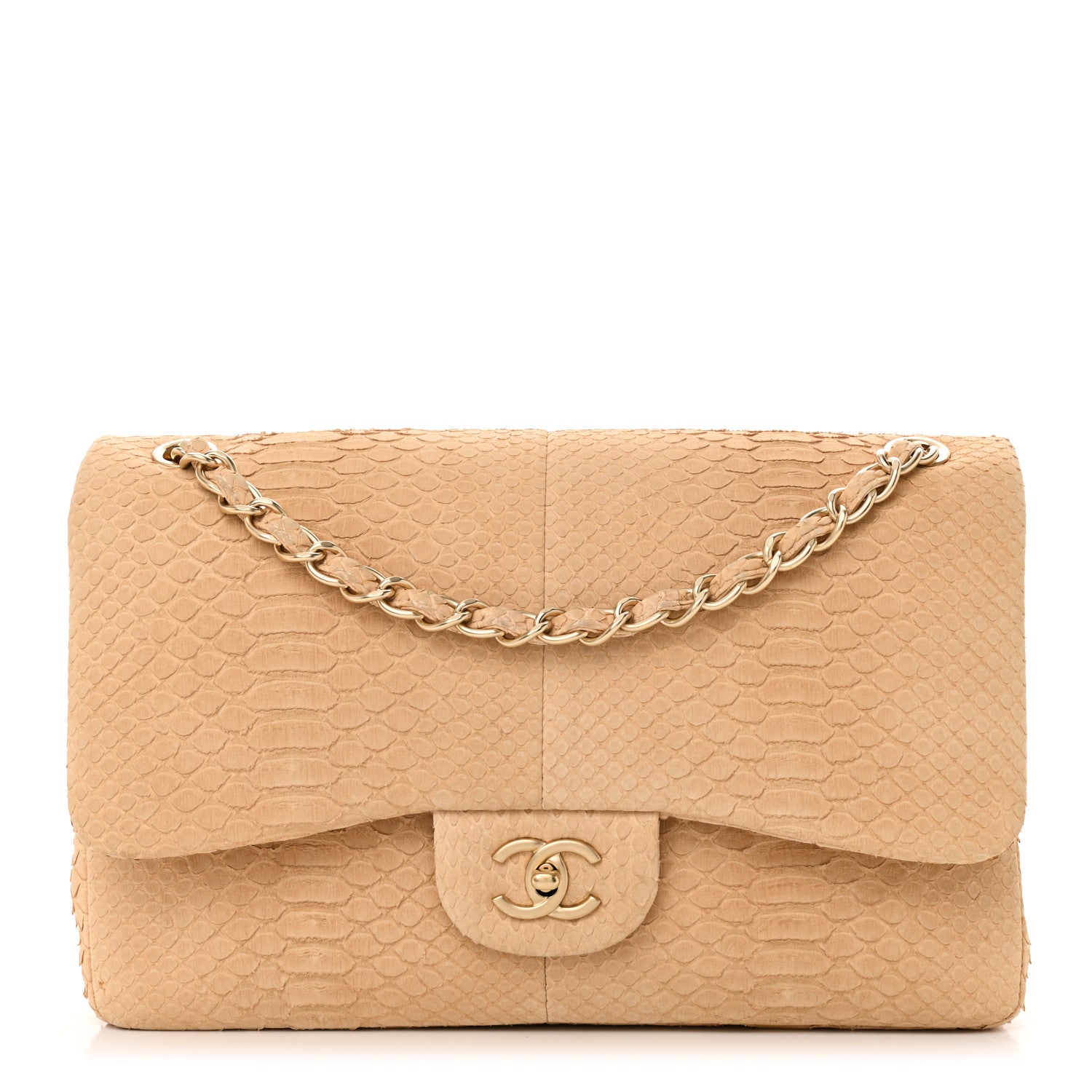 Snakeskin Jumbo Double Flap Beige