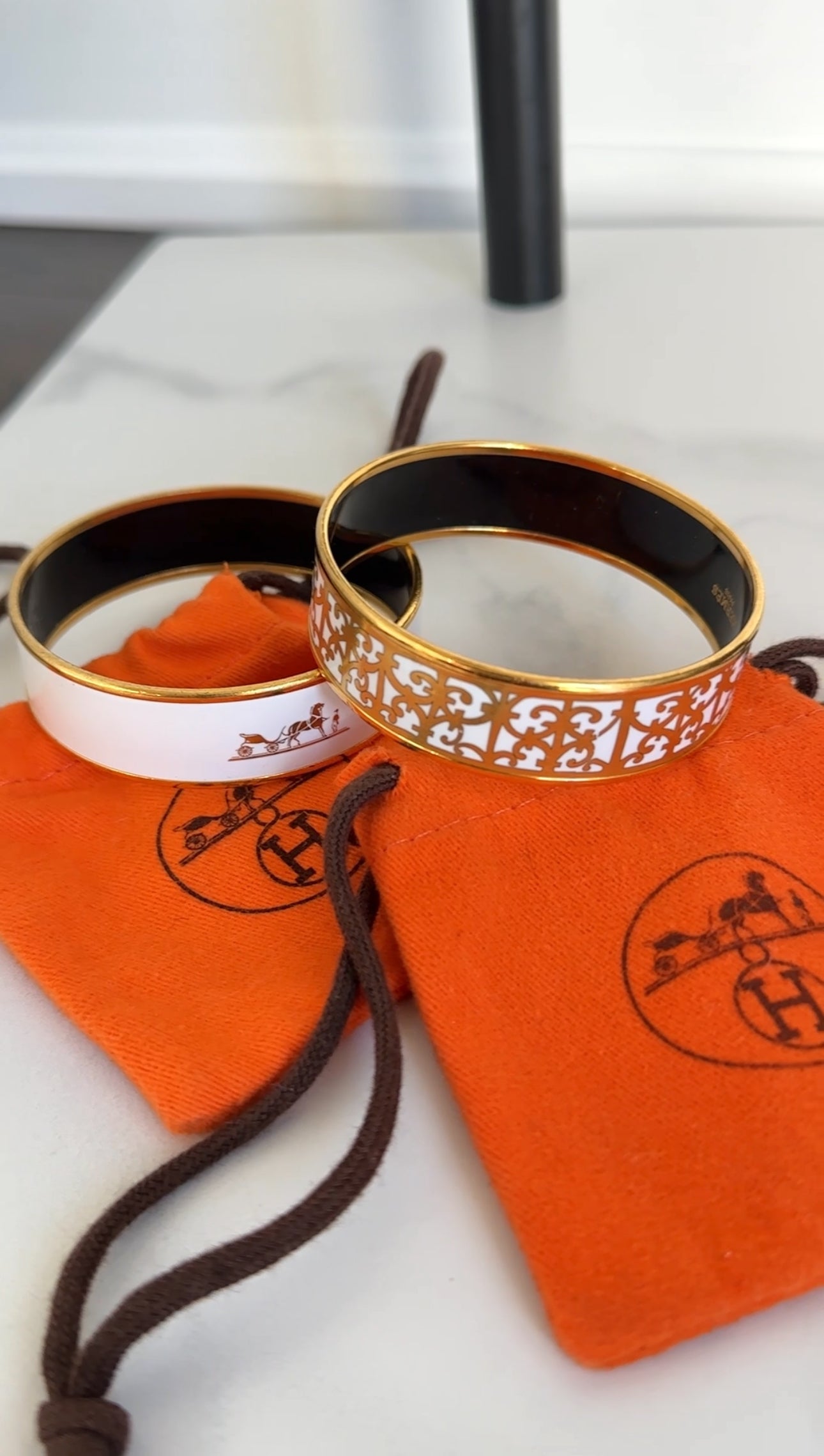 Hermes White and Gold Caleche Enamel Bangle