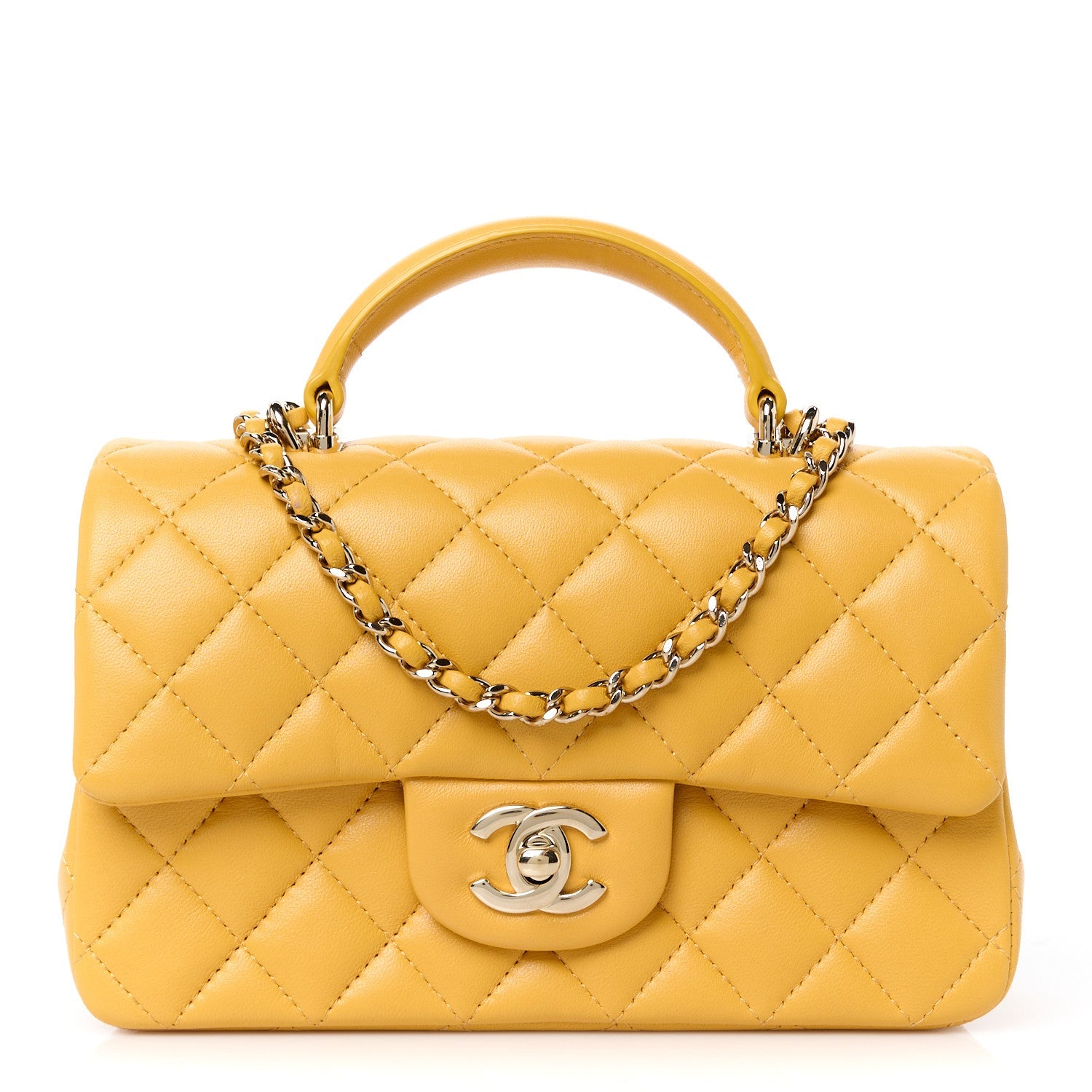 Lambskin Quilted Mini Top Handle Rectangular Flap Yellow