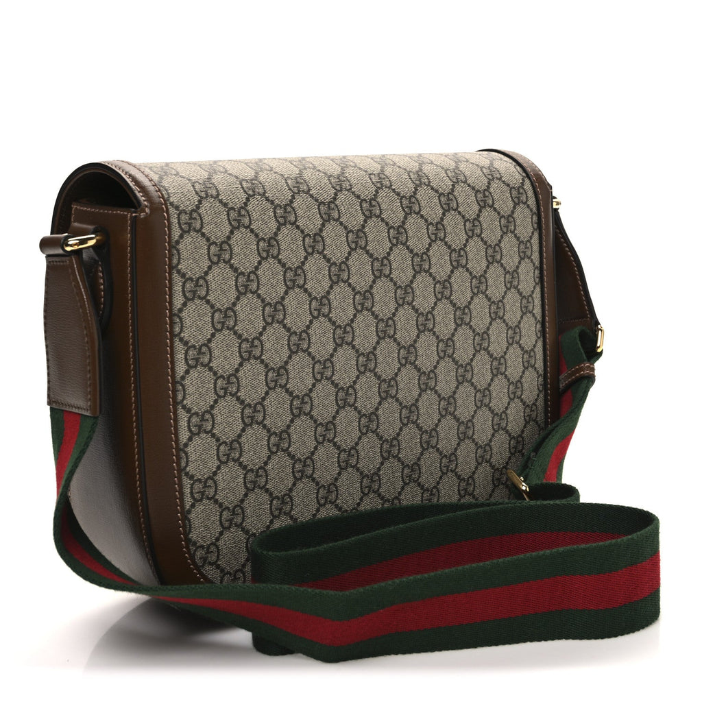 GG Supreme Monogram Azalea Calfskin Web Medium Horsebit 1955 Shoulder Bag Beige Ebony Brown Sugar