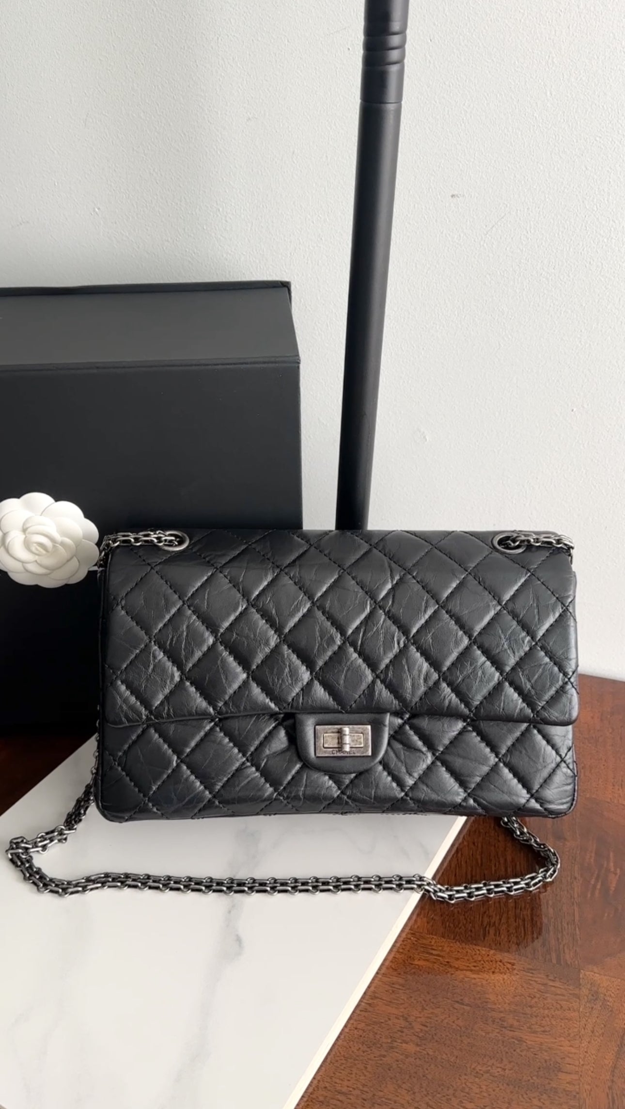 Chanel Black Aged Calfskin Reissue 2.55 227 Ruthenium Classic Flap Bag
