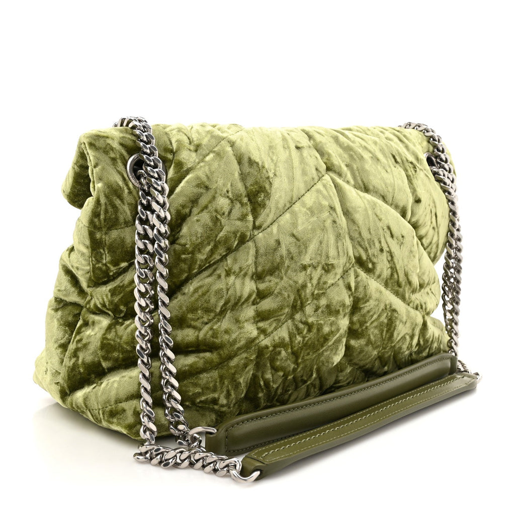 Crushed Velvet Quilted Small Loulou Puffer Monogram Chain Satchel Green