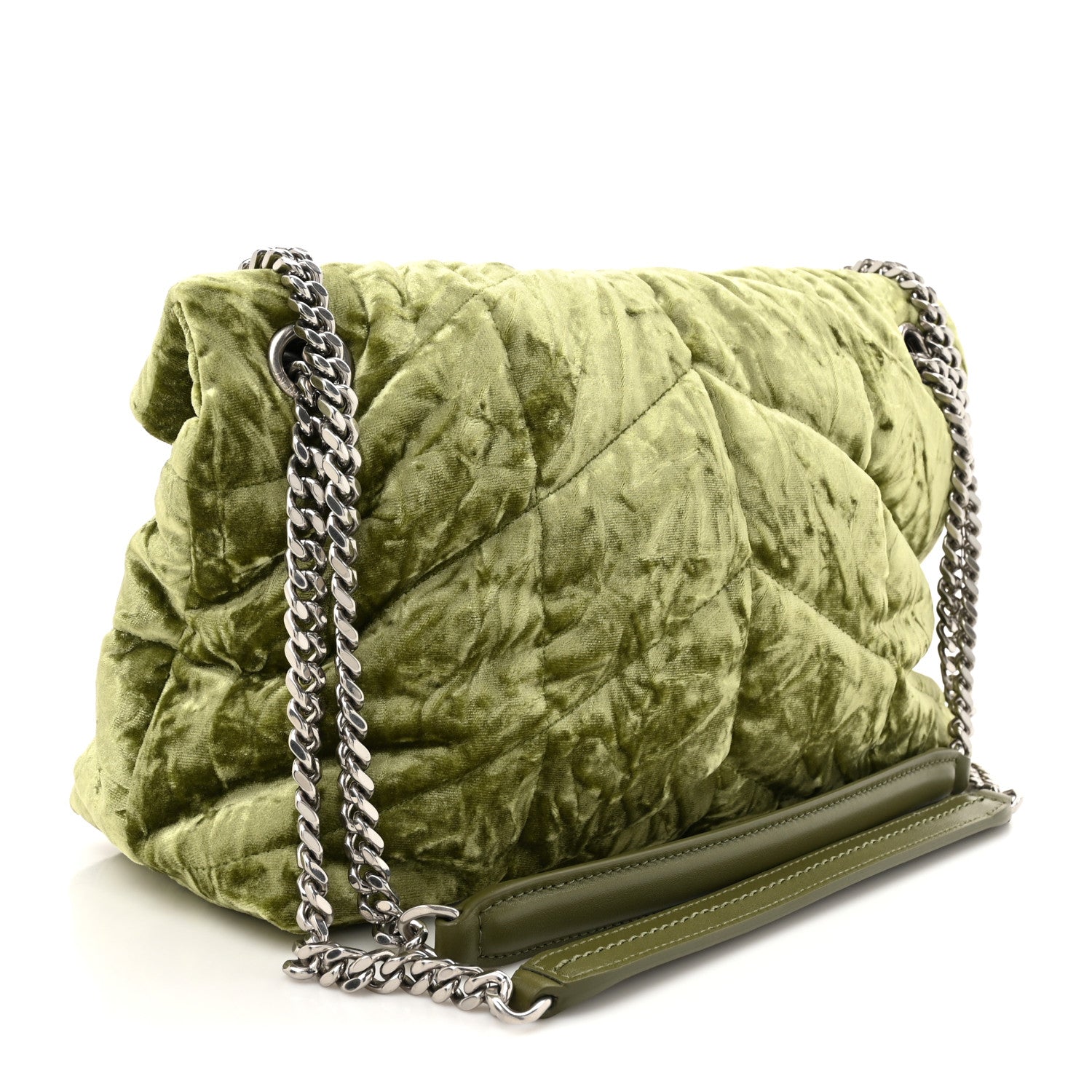 Crushed Velvet Quilted Small Loulou Puffer Monogram Chain Satchel Green