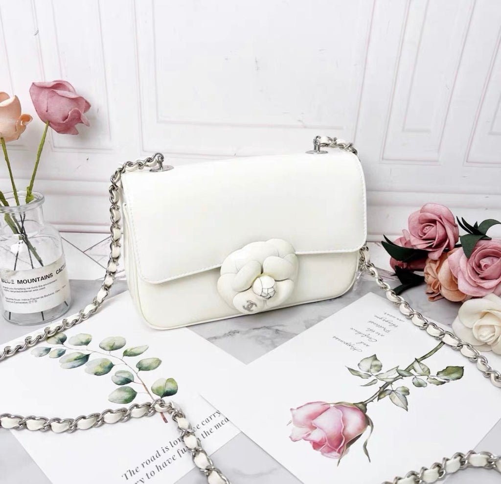 chanel 23k white patent leather camellia large mini shoulder bag