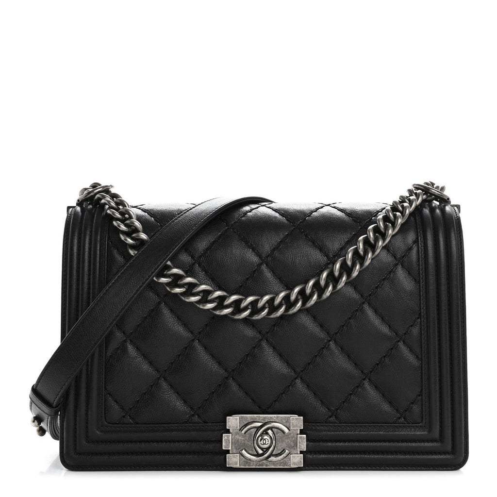 Calfskin Quilted Double Stitch New Medium Boy Flap Black