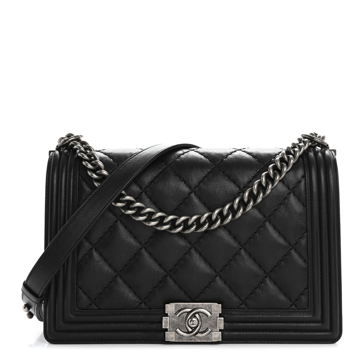 Calfskin Quilted Double Stitch New Medium Boy Flap Black