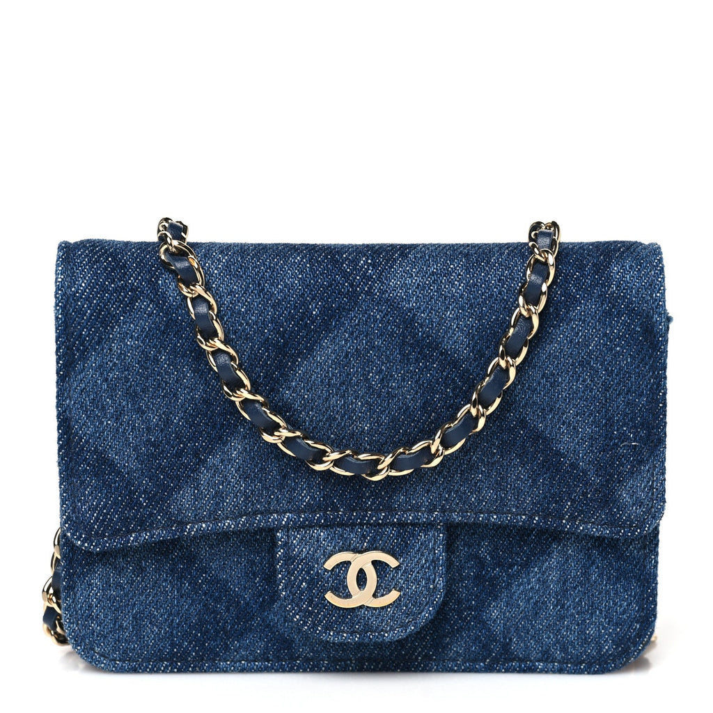 Printed Denim Quilted  Holder On Chain  Dark Blue