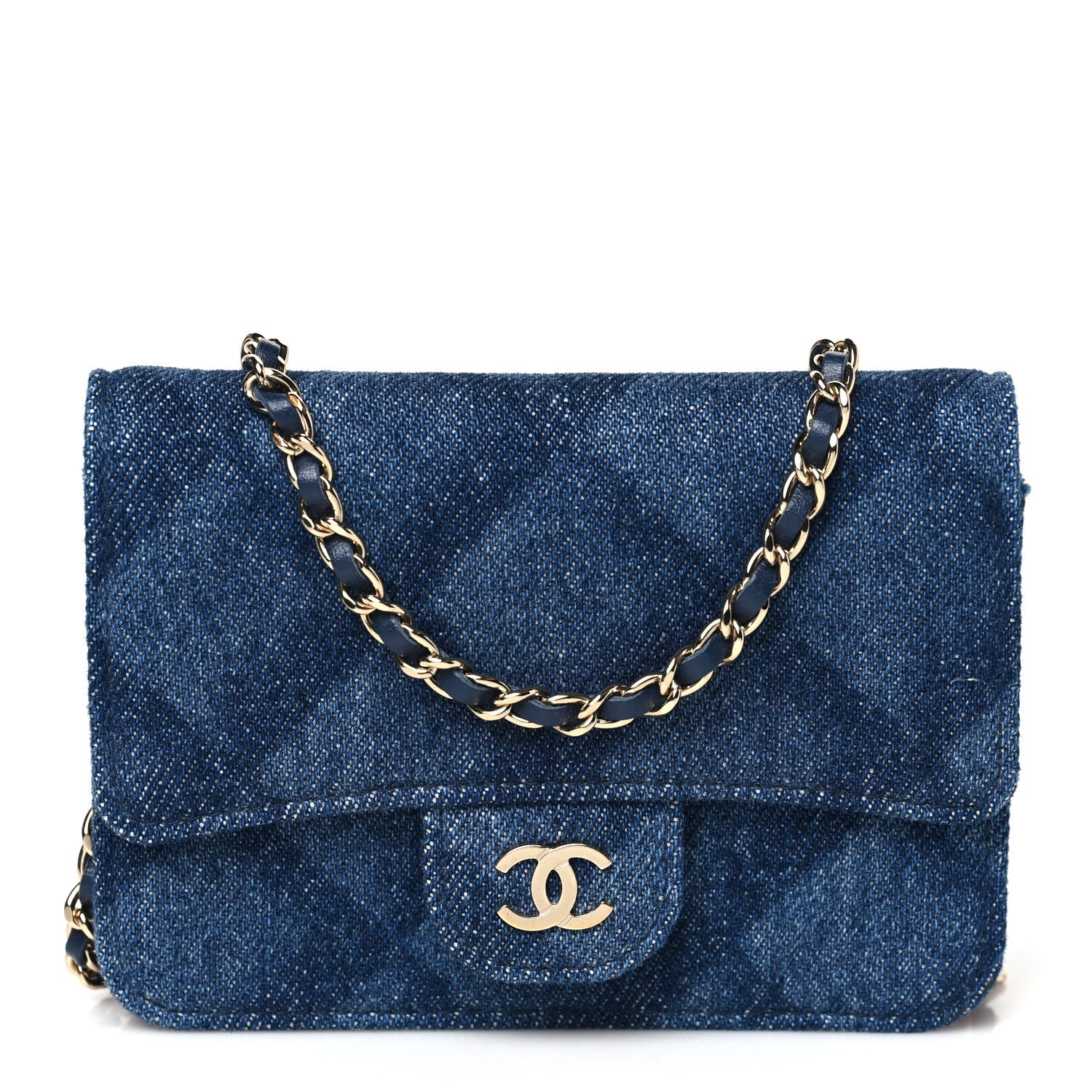 Printed Denim Quilted  Holder On Chain  Dark Blue
