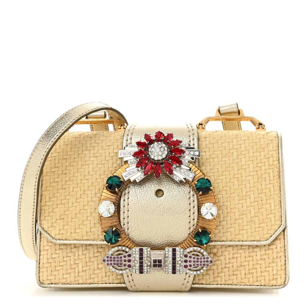 Raffia Madras Crystal Embellished Lady Shoulder Bag Naturale Pirite