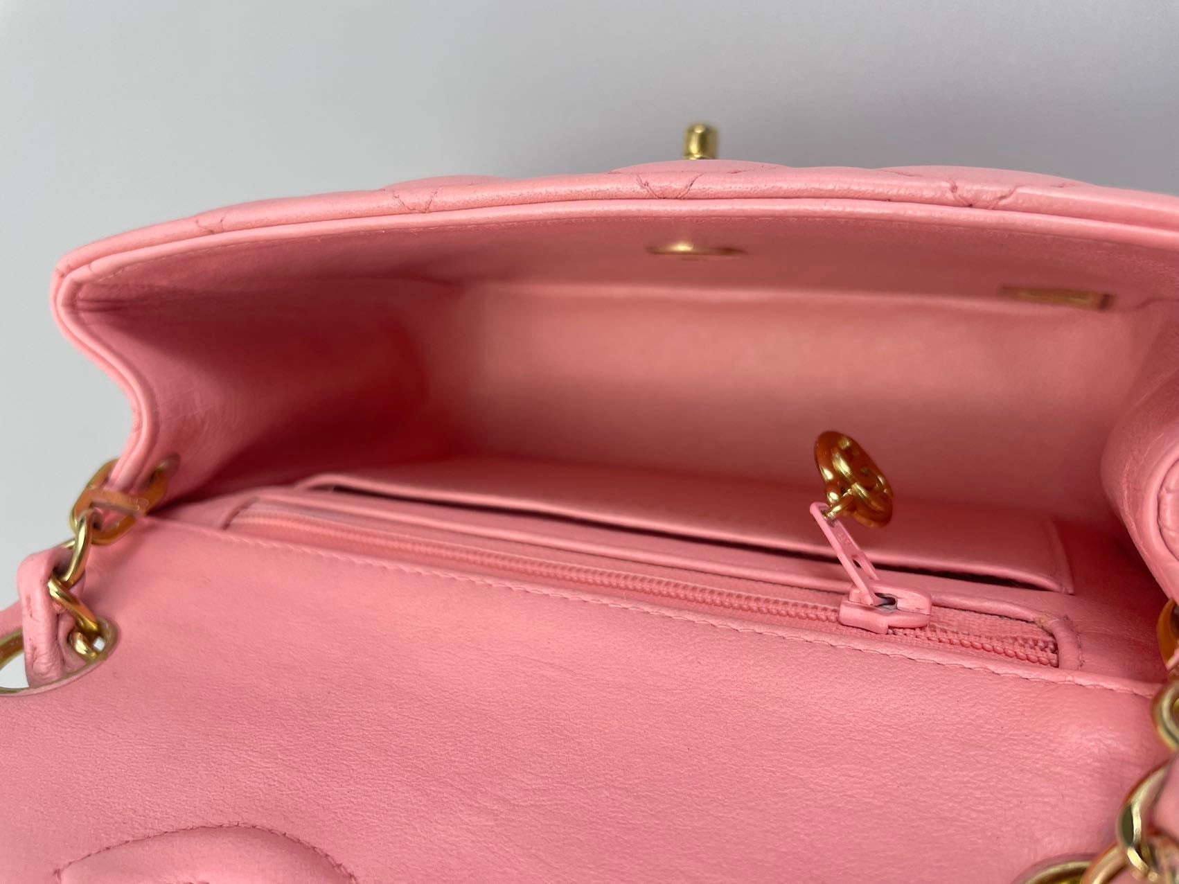 Chanel Vintage Rose Pink Classic Mini Square Flap Bag in Lambskin with Gold Hardware