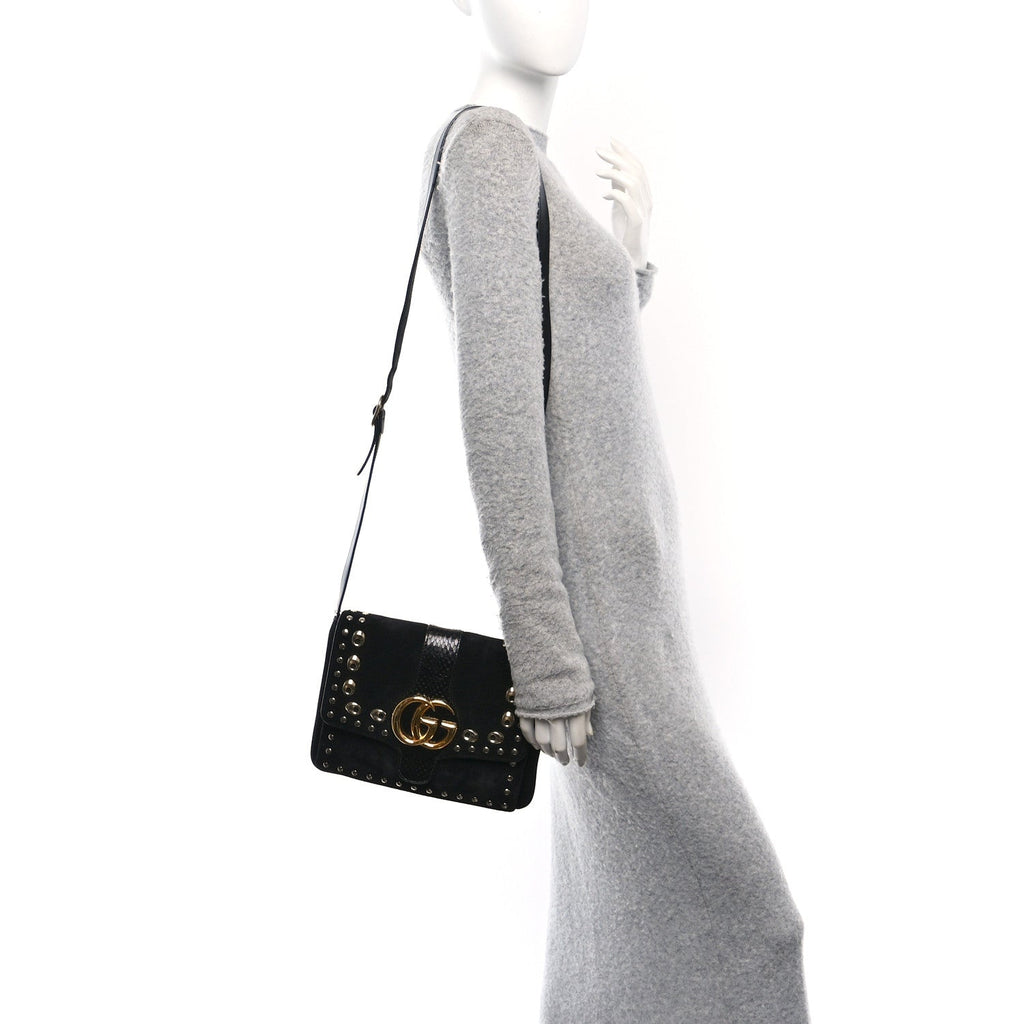 Suede Snakeskin Studded Medium Arli Flap Shoulder Bag Black