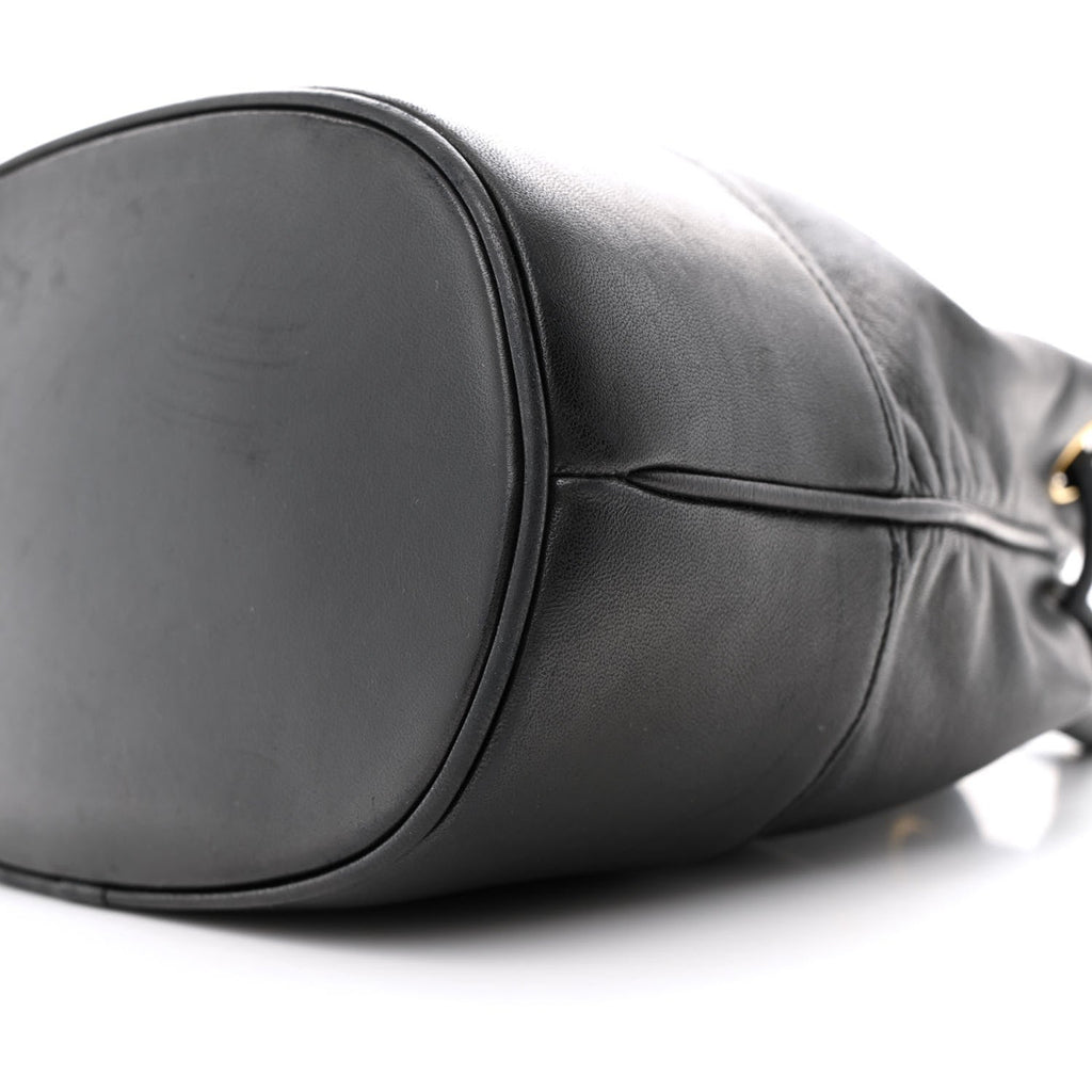 Lambskin CC Stitched Drawstring Bucket Bag Black