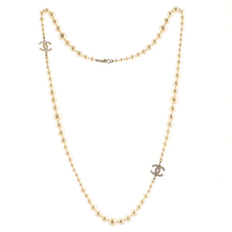 CC Long Necklace Faux Pearls and Metal