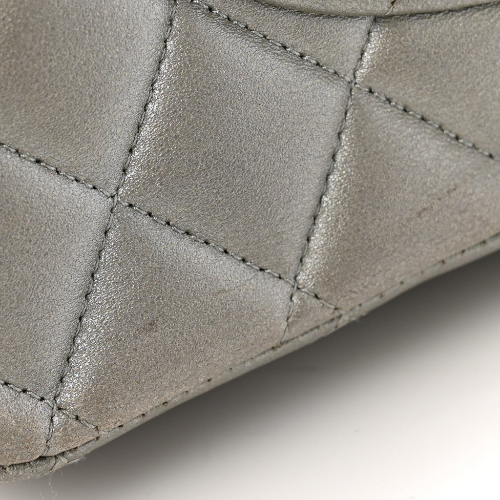 Metallic Lambskin Quilted Medium Double Flap Silver