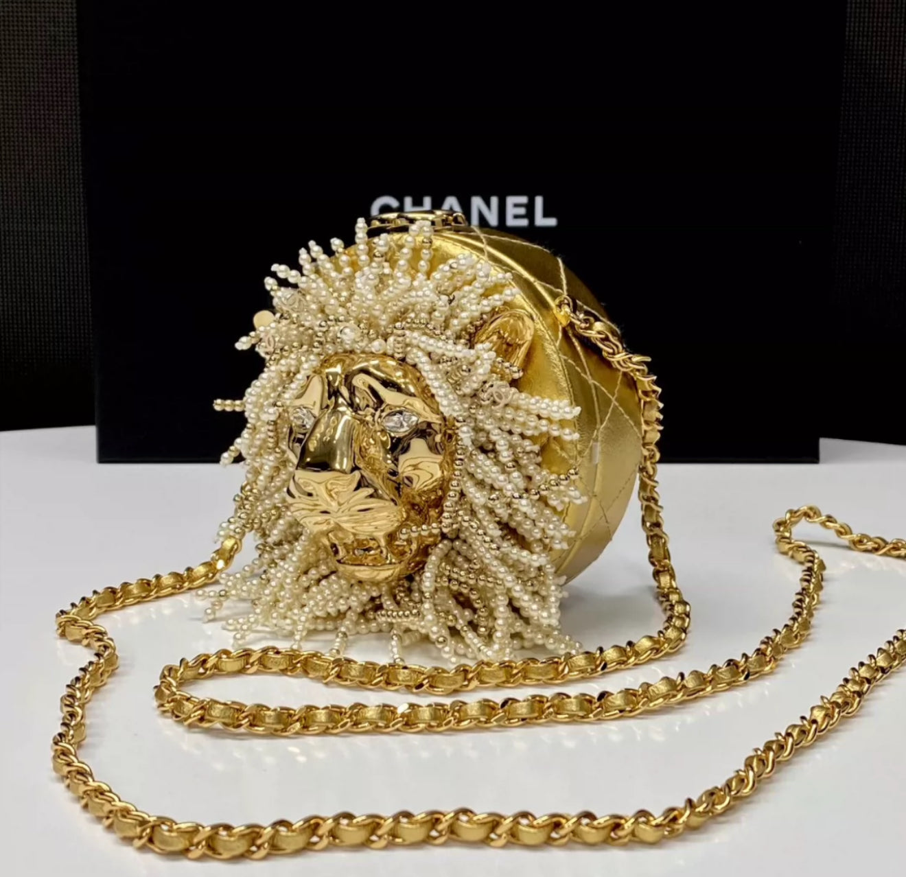 CHANEL 23A LION HEAD PEARL & LEATHER EVENING BAG