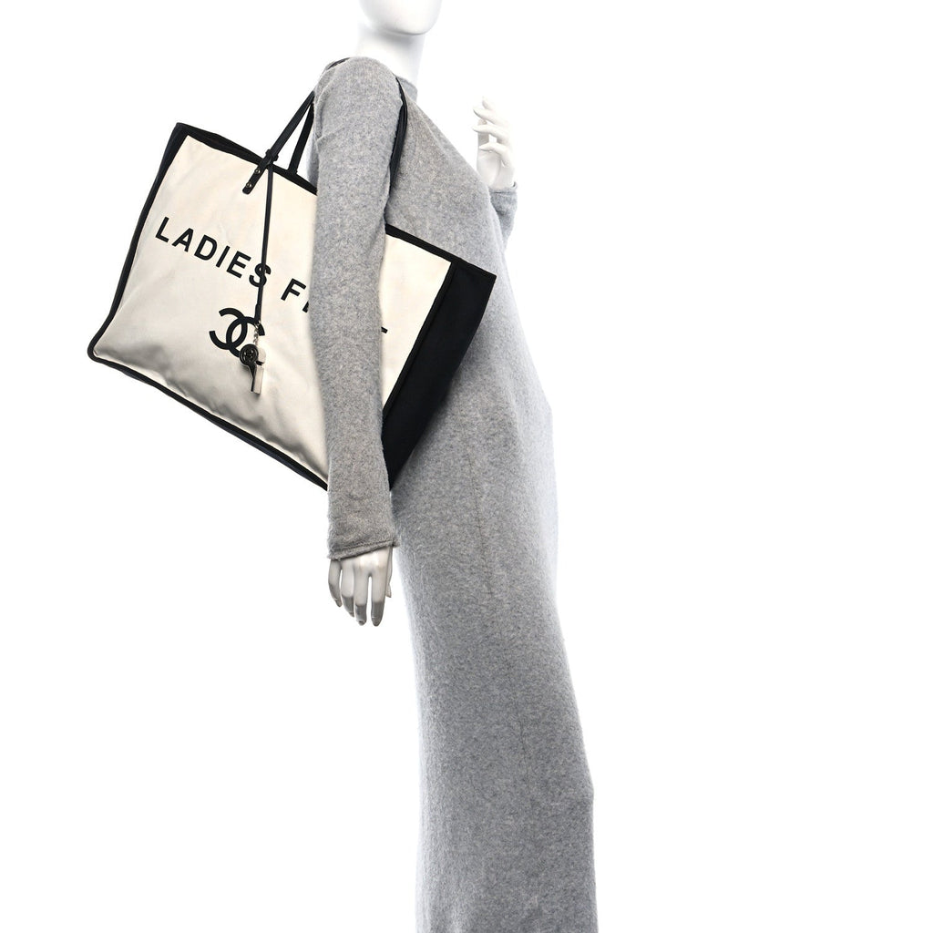 Canvas Calfskin Large Let's Demonstrate Tote White Black