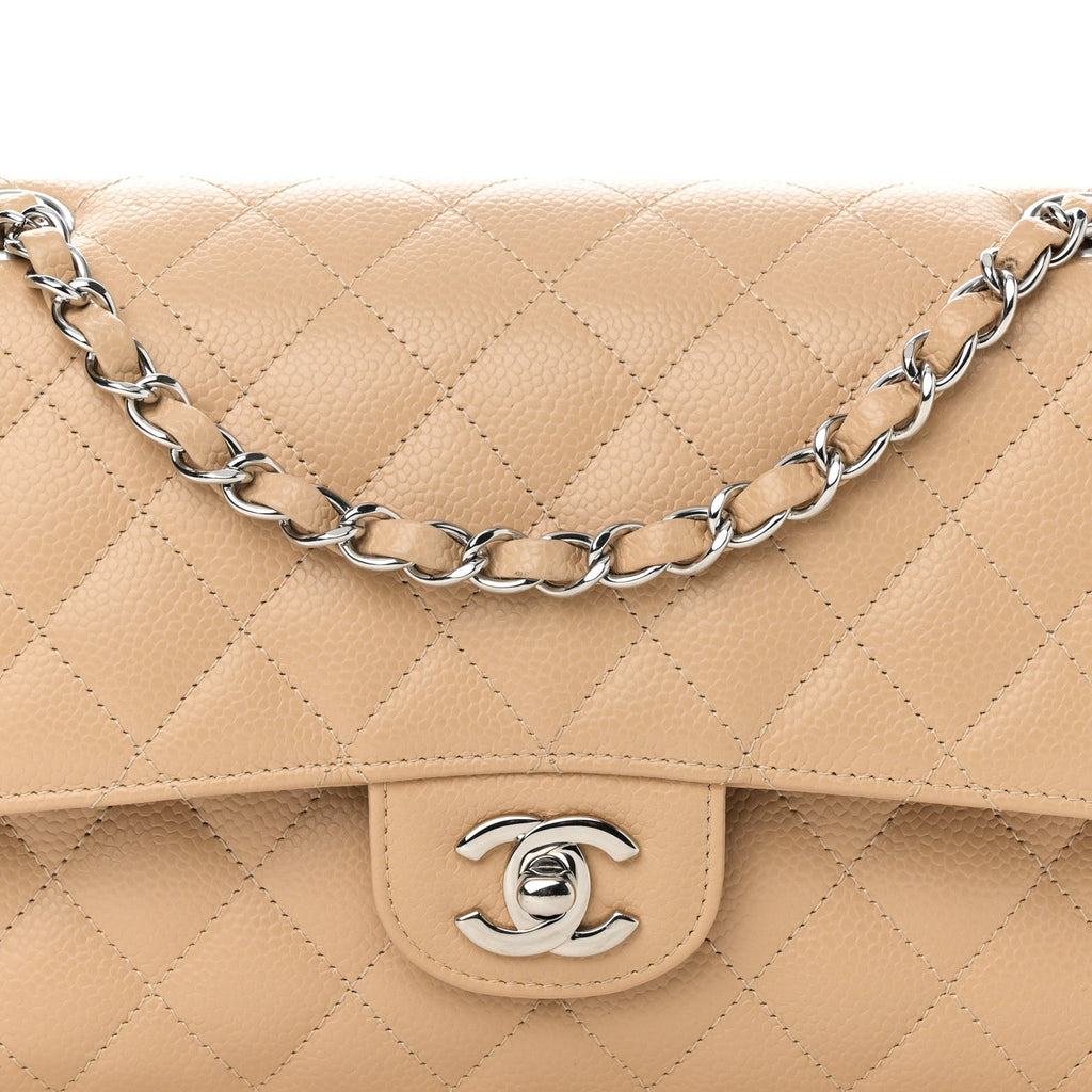 Caviar Quilted Medium Double Flap Beige