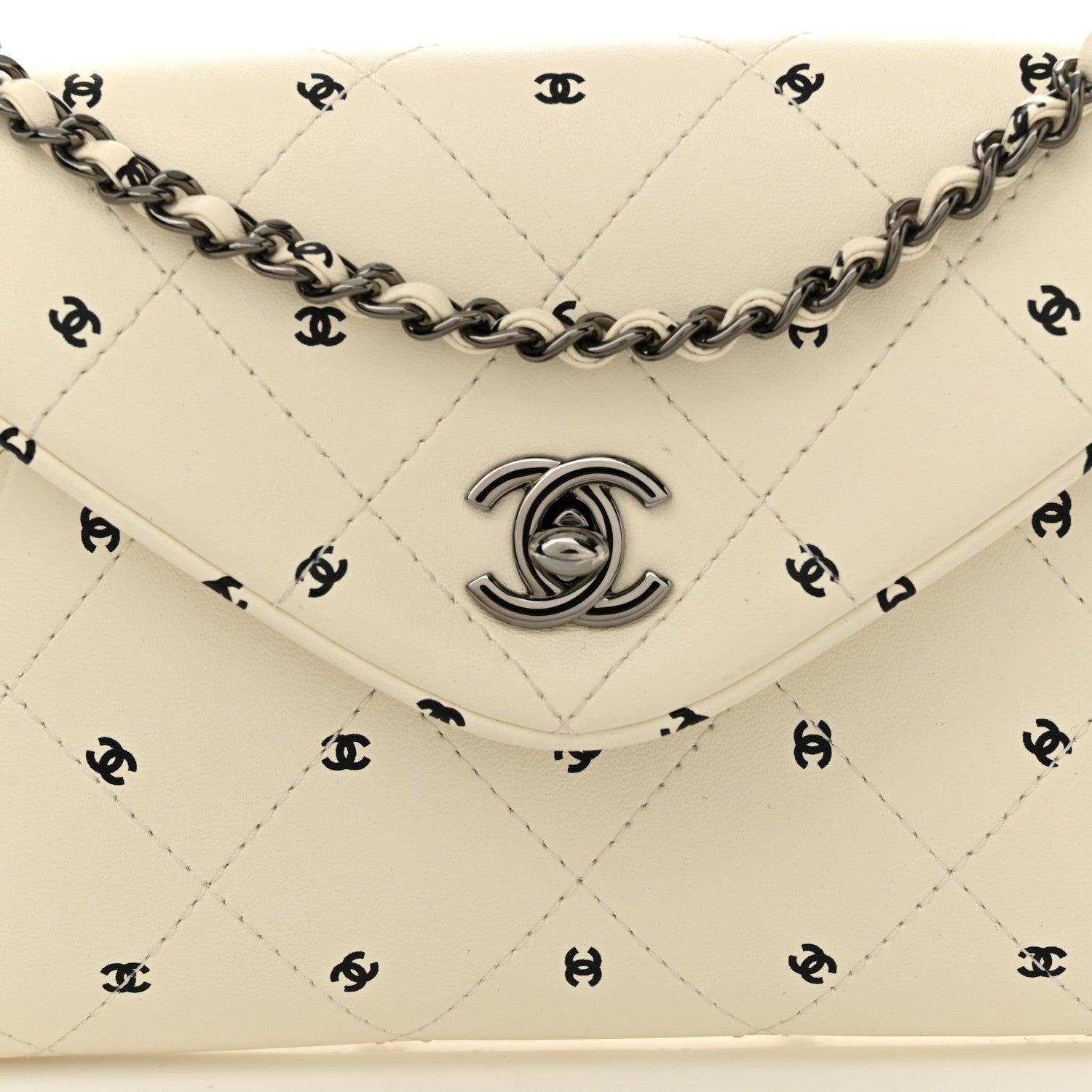 Printed Lambskin Logo CC Envelope Clutch With Chain White