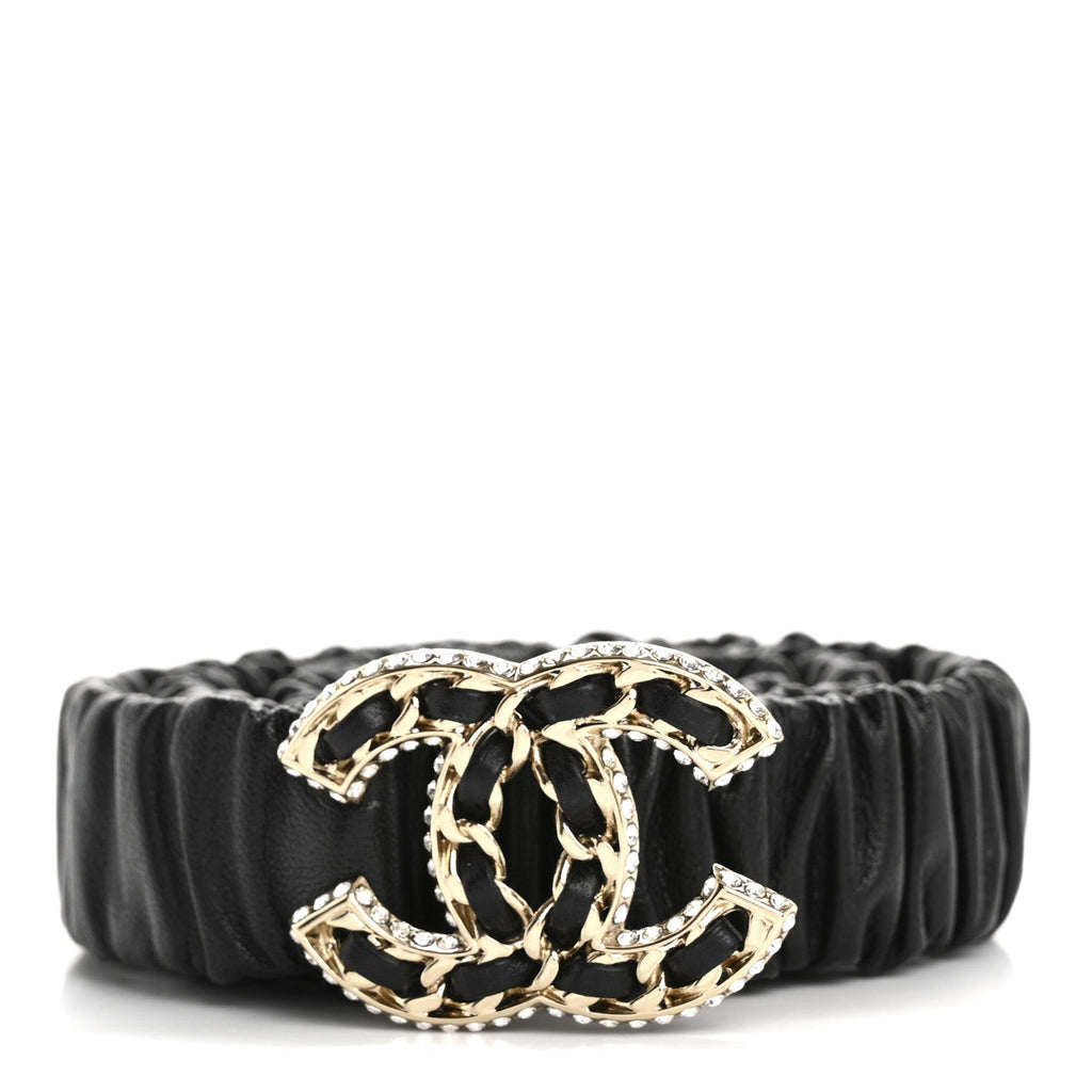 Lambskin Metal Strass Ruched Chain CC Belt 80 32 Black