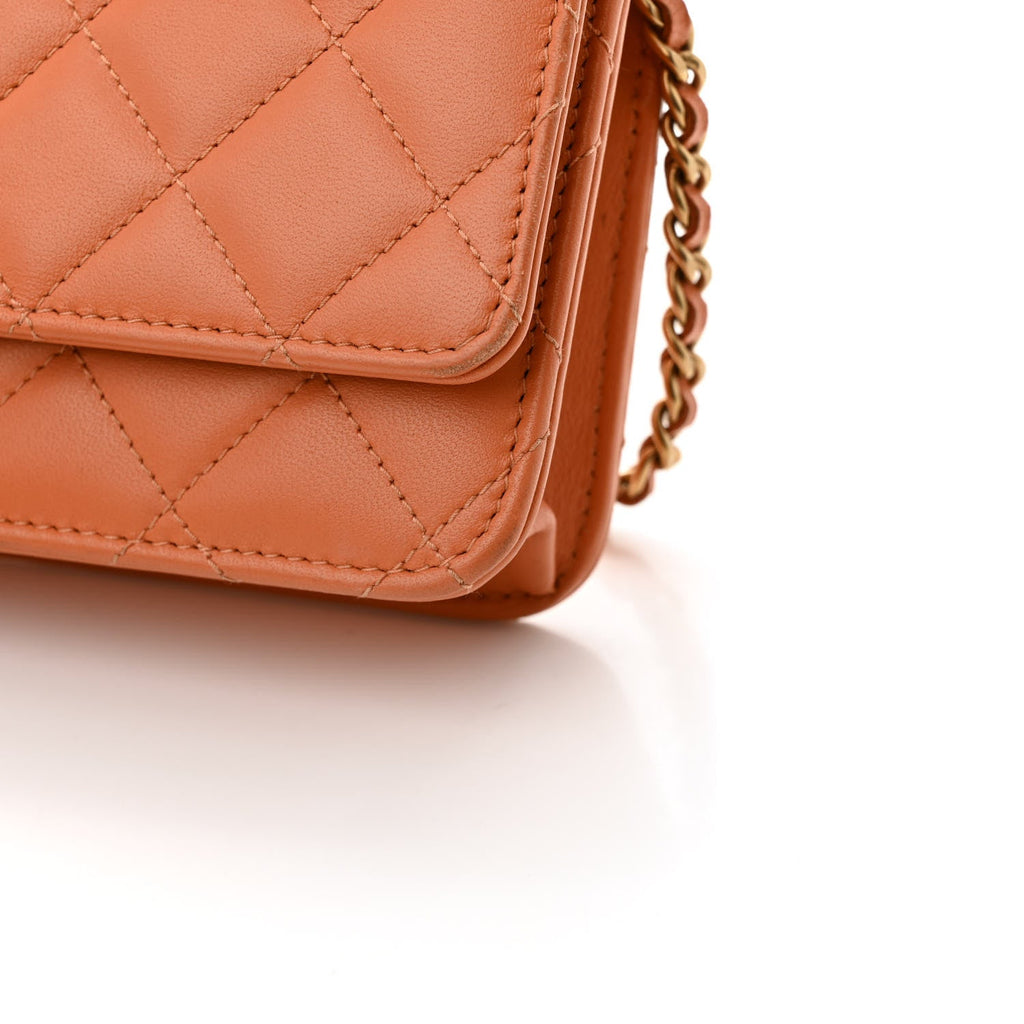 Lambskin Quilted Studded CC Wallet On Chain WOC Orange