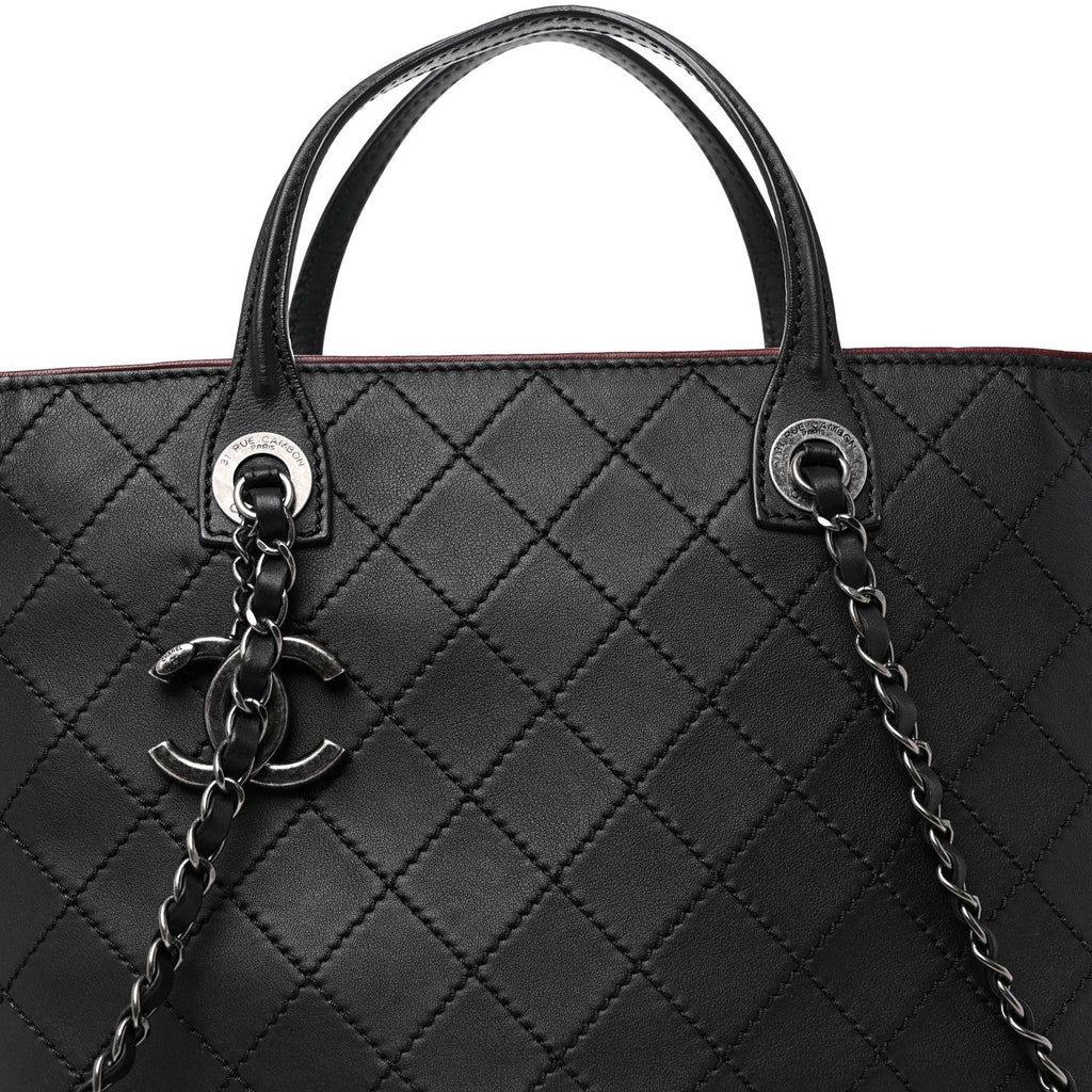 Calfskin Stitched Medium Shopping Tote Black