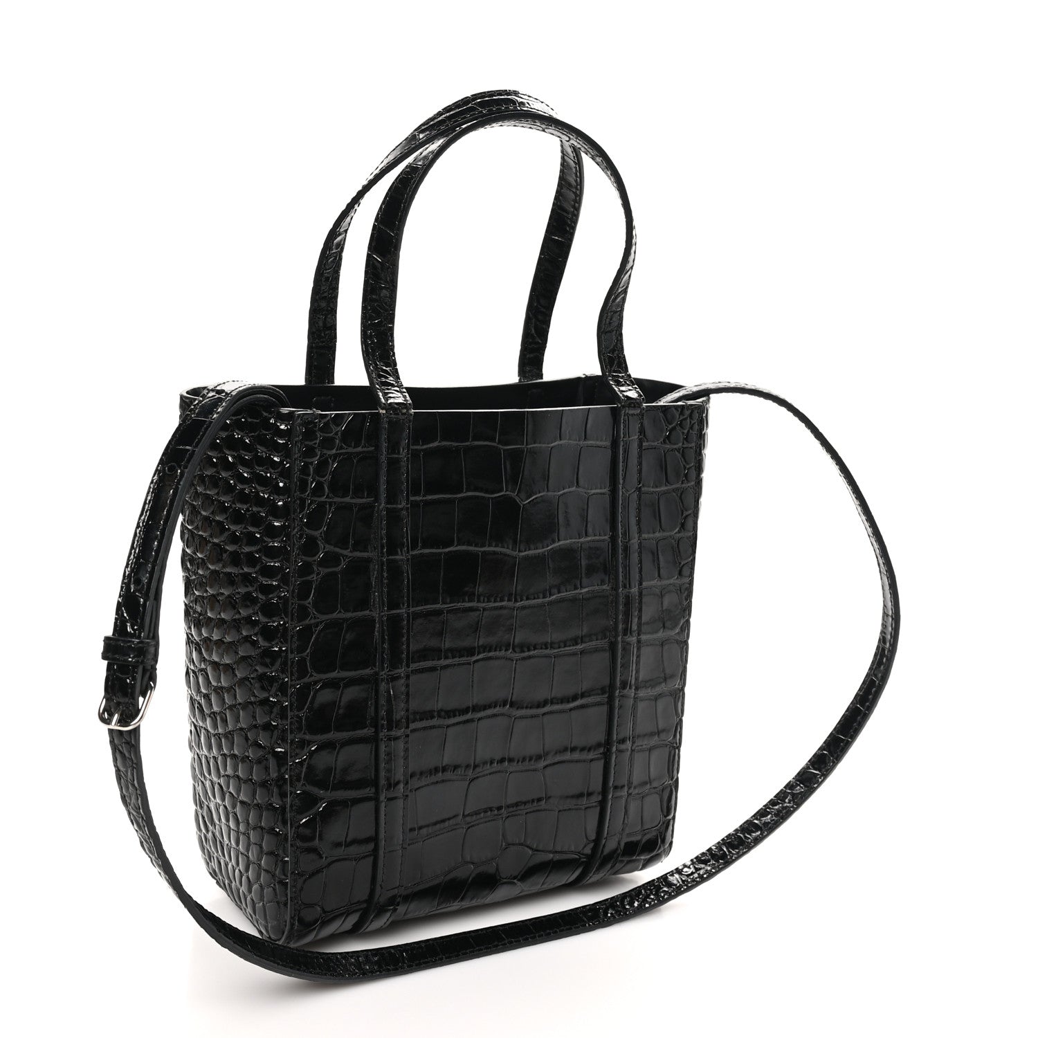 Shiny Calfskin Logo Crocodile Embossed XXS Everyday Tote Black