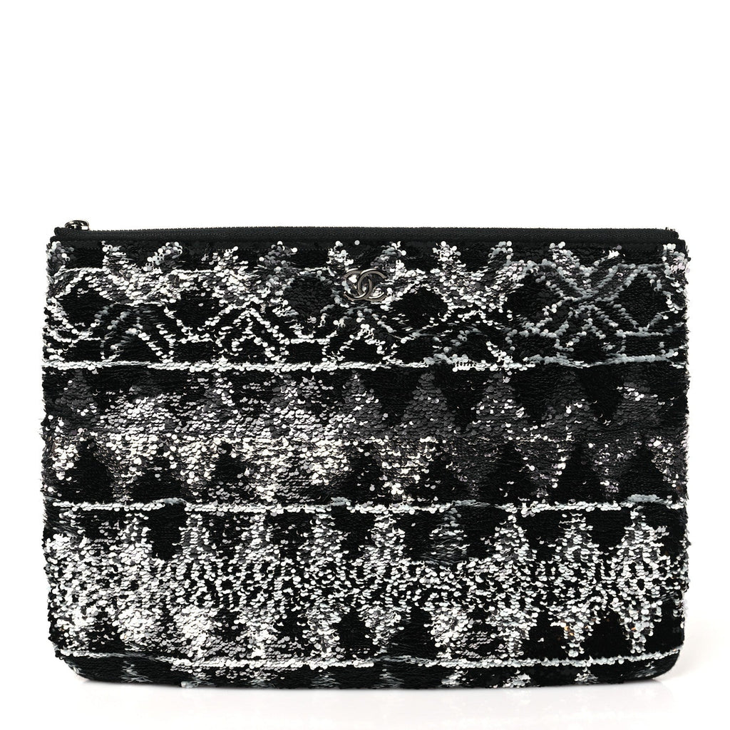 Sequin Wool Quilted Cosmetic Pouch Black Silver