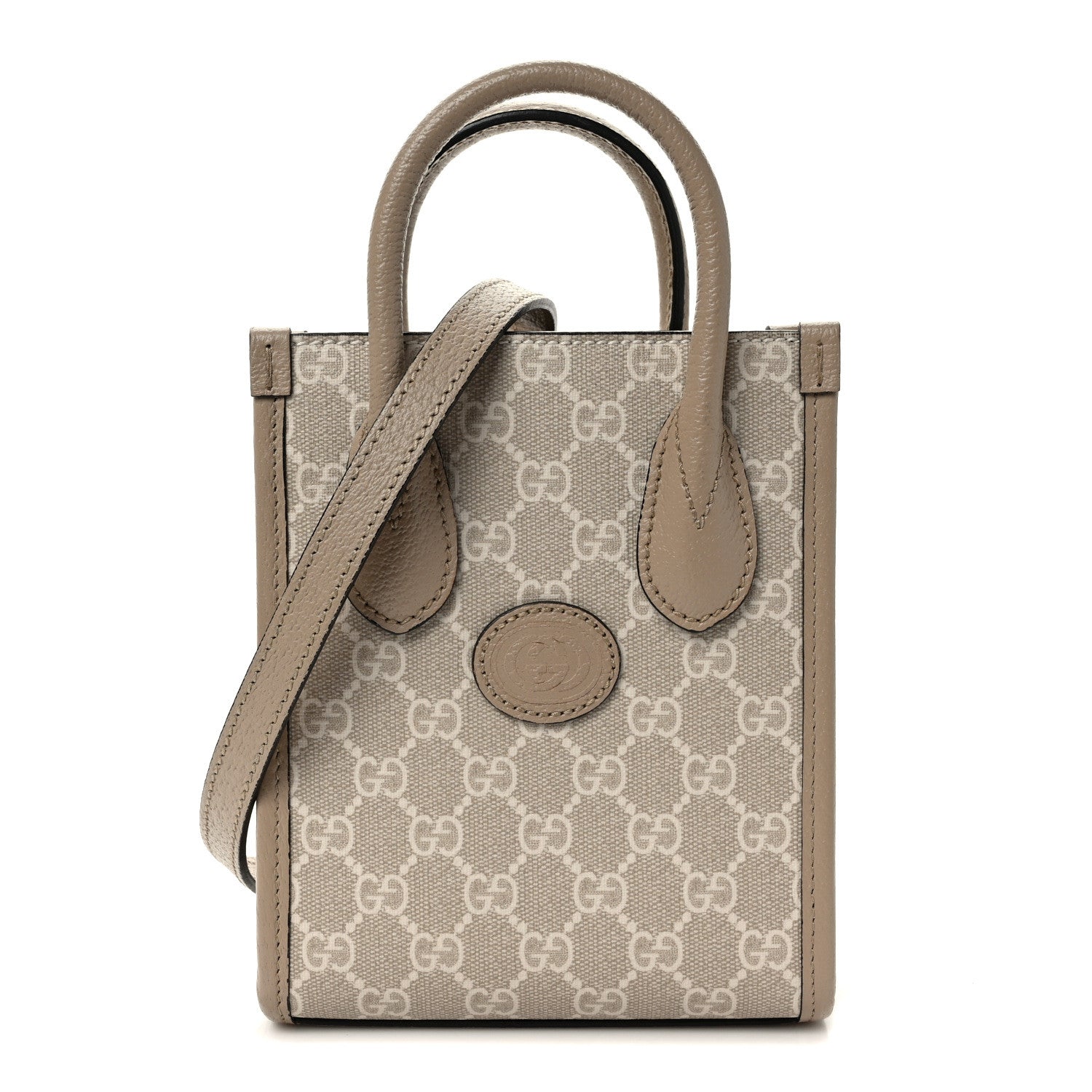 GG Supreme Monogram Textured Dollar Calfskin Mini Retro Interlocking G Tote Bag Beige Mystic White Oatmeal