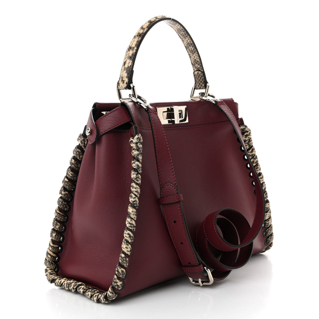 Calfskin Elaphe Lace Up Medium Peekaboo Iconic Satchel Bordeaux Beige Verde